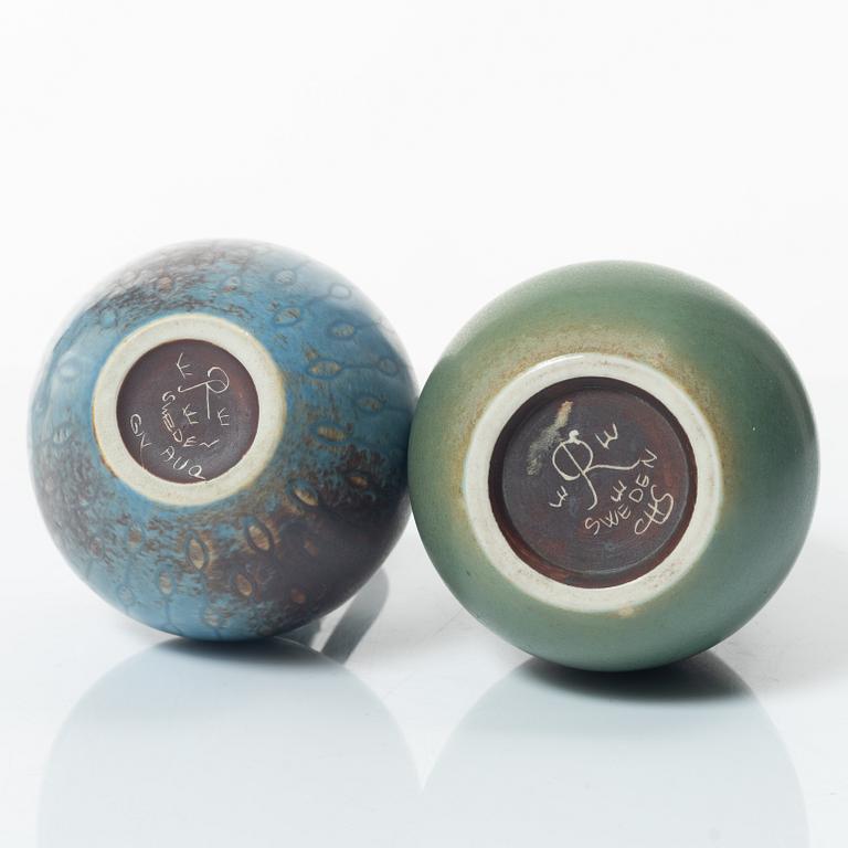 Two stoneware vases Gunnar Nylund and Carl-Harry Stålhane, Rörstrand and six ceramic miniatures, John Andersson Höganäs.