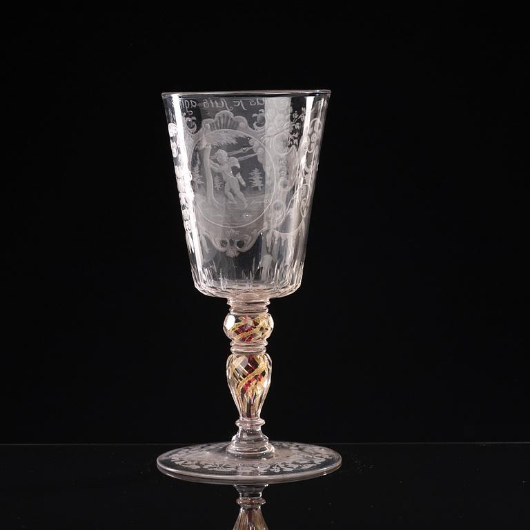 A Bohemian cut and engraved glass goblet, 18th Century.