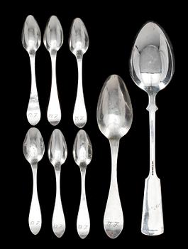 RAGUSKED SAMT 7 olika SKEDAR, silver, Finland resp Eksjö, 1800-1900-tal. Totalvikt ca  240 gram .
