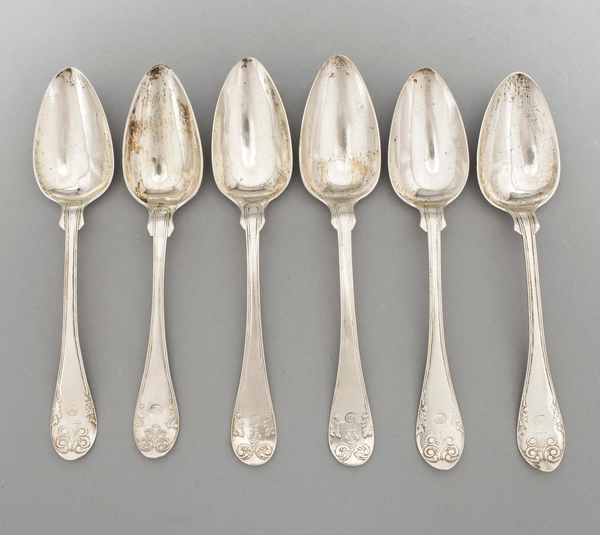 MATSKEDAR, 6 st snarlika, silver, bland annat Johan Wahlström, Jönköping. 1800-tal. Vikt ca 380 cm.