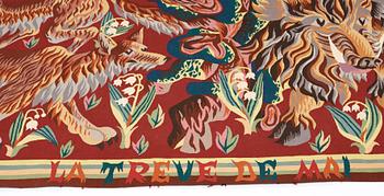 TAPESTRY. "La Trêve de Mai". Tapestry weave. 195 x 243,5 cm. Signed perrot 46 as well as a shield with a hand and R B.