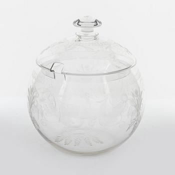 A punch bowl and mugs, glass, mid 20th century.