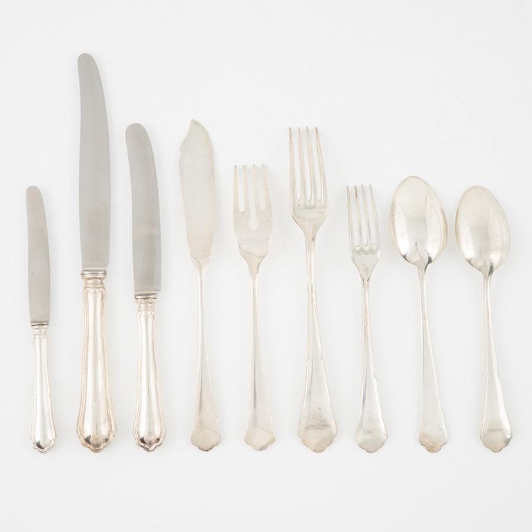 A silver flatwear set, 65 + 19 pieces, two similar models, including Garmany and Swedish import marks.