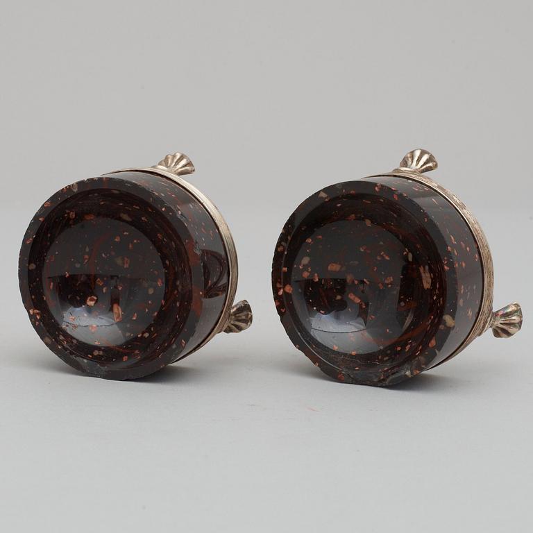 A pair of late Gustavian porphyry and silver salts. Silver maker's mark by Adam Tillström, Växjö 1799.