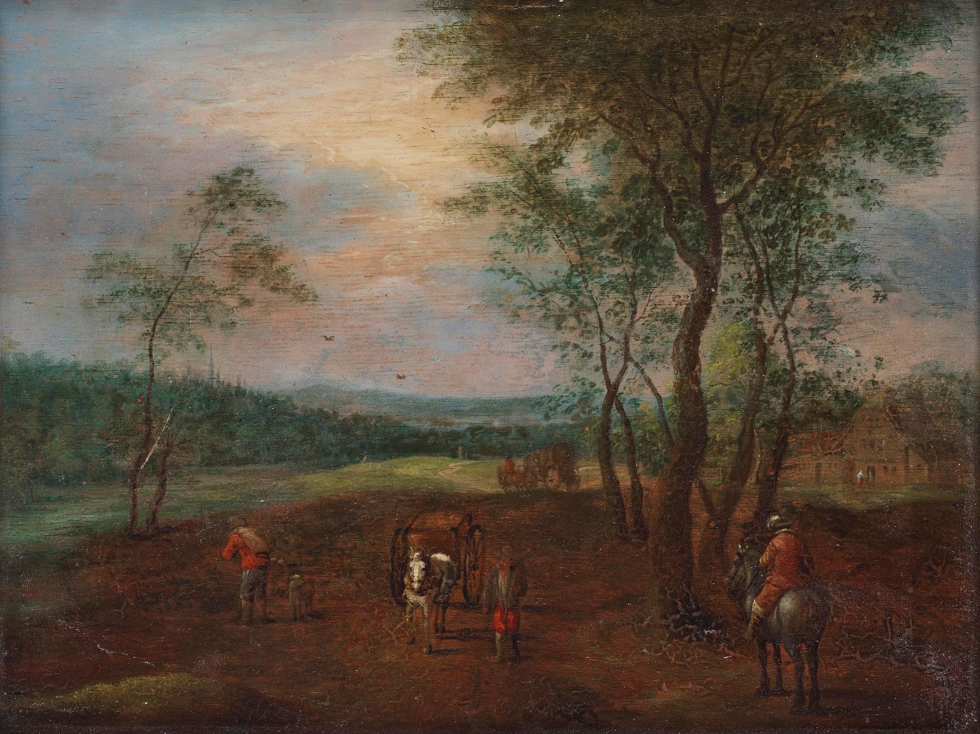 Jan Brueghel dy, hans efterföljd, Landskap med figurer vid by.