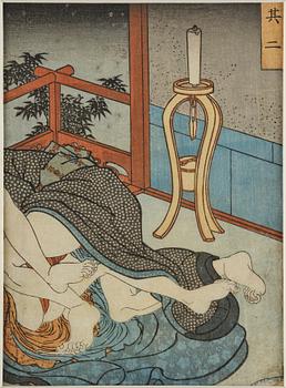 Oidentifierade konstnärer, färgträsnitt, shunga, albumblad, tre diptyker, Japan, 1800-tal.