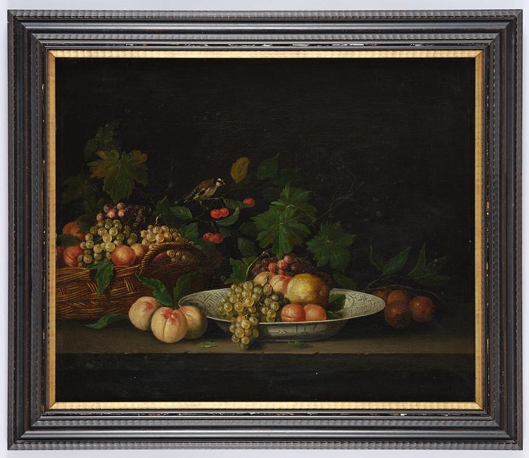 Joris van Son, follower of, Still life with a goldfinch, fruits, and a plate.