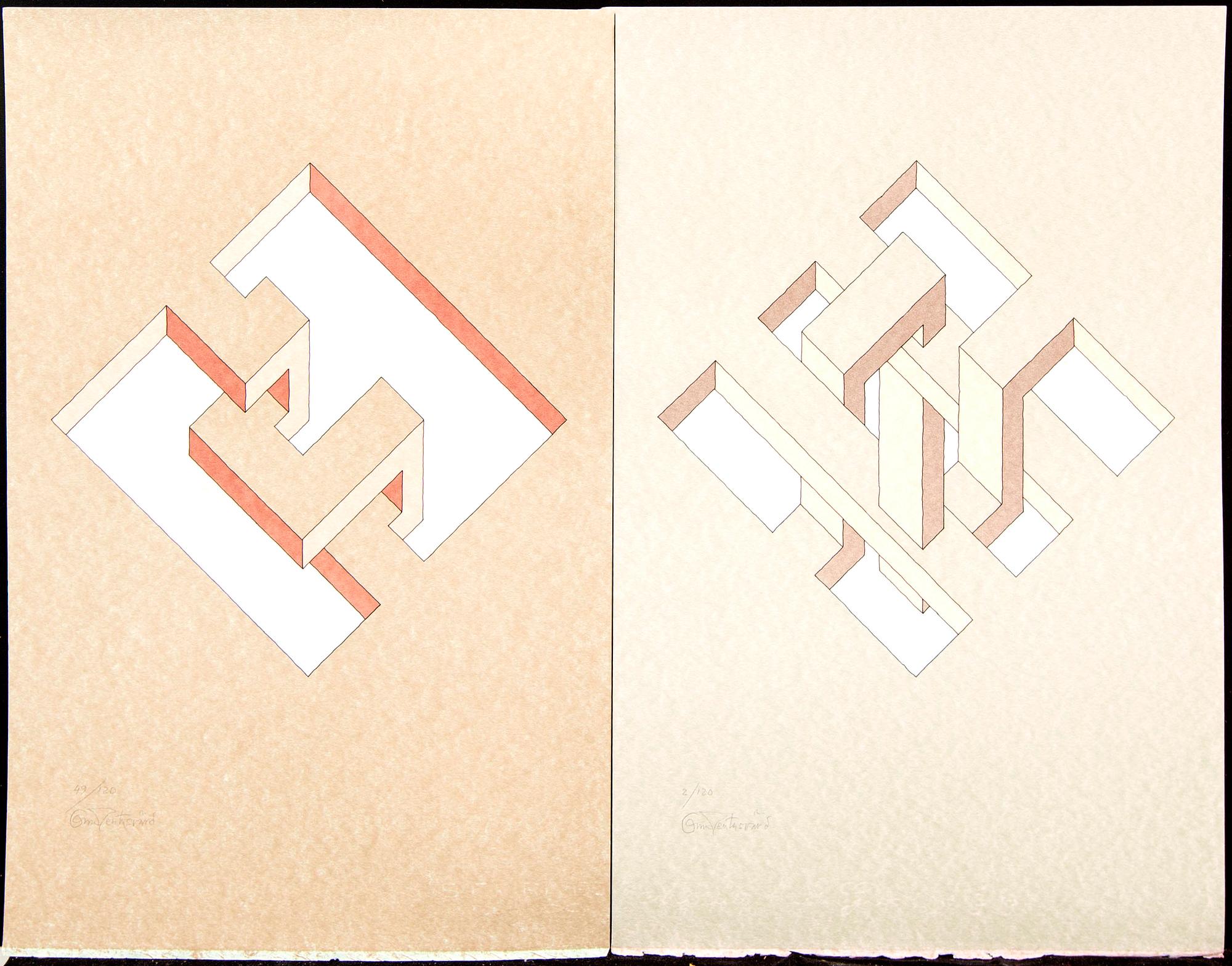 Oscar Reutersvärd, three color lithographs, signed 2/120, 38/120 & 49/120.