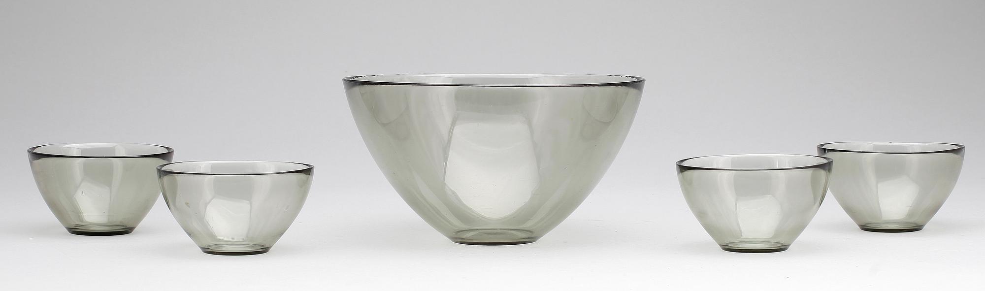 SKÅLAR, 5 st, glas, "Fuga", Sven Palmqvist, Orrefors, 1900-tal.