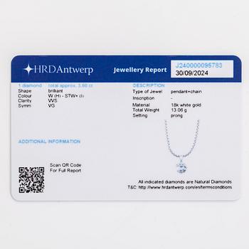Riipus, briljanttihiottu timantti 3,60 ct, 18K valkokultaa.