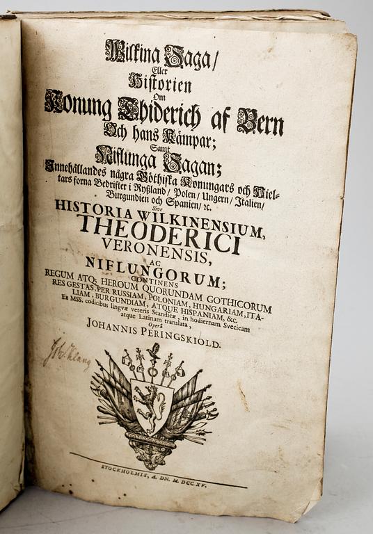 BOK, "Historia Wilkinensium, Theoderici...", av Didrik av Bern, utg Johan Peringskiöld, Stockholm 1715.