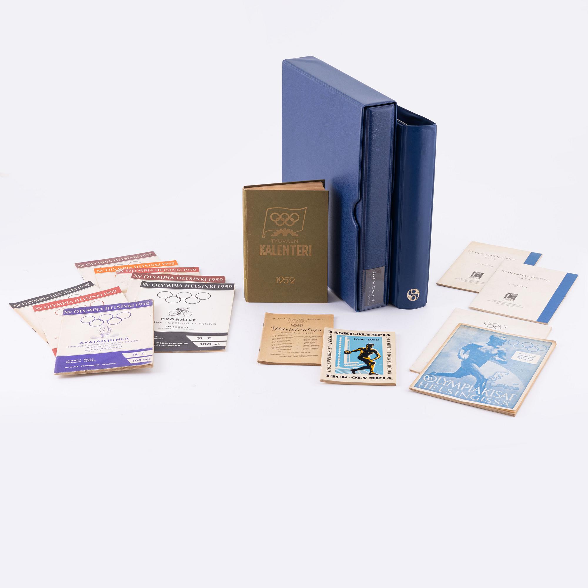 Olympic memorabilia: tickets, stamps, and cards.