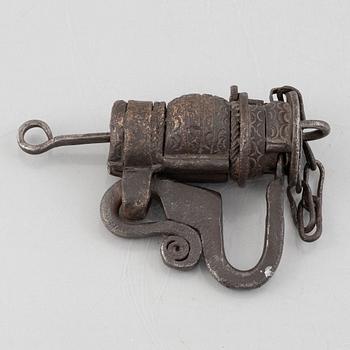 A Swedish wrought iron lock, 17th century.