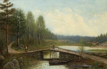 Otto Hesselbom, Landscape with Figures by a Bridge.