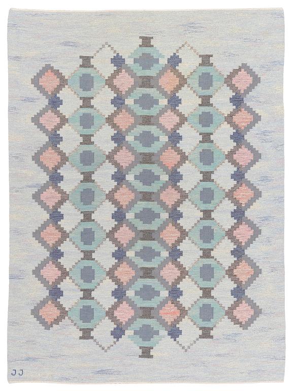Judith Johansson, a carpet, 'Myosotis' ('Forget-me-not'), flat weave, c. 278 x 205 cm, signed JJ.