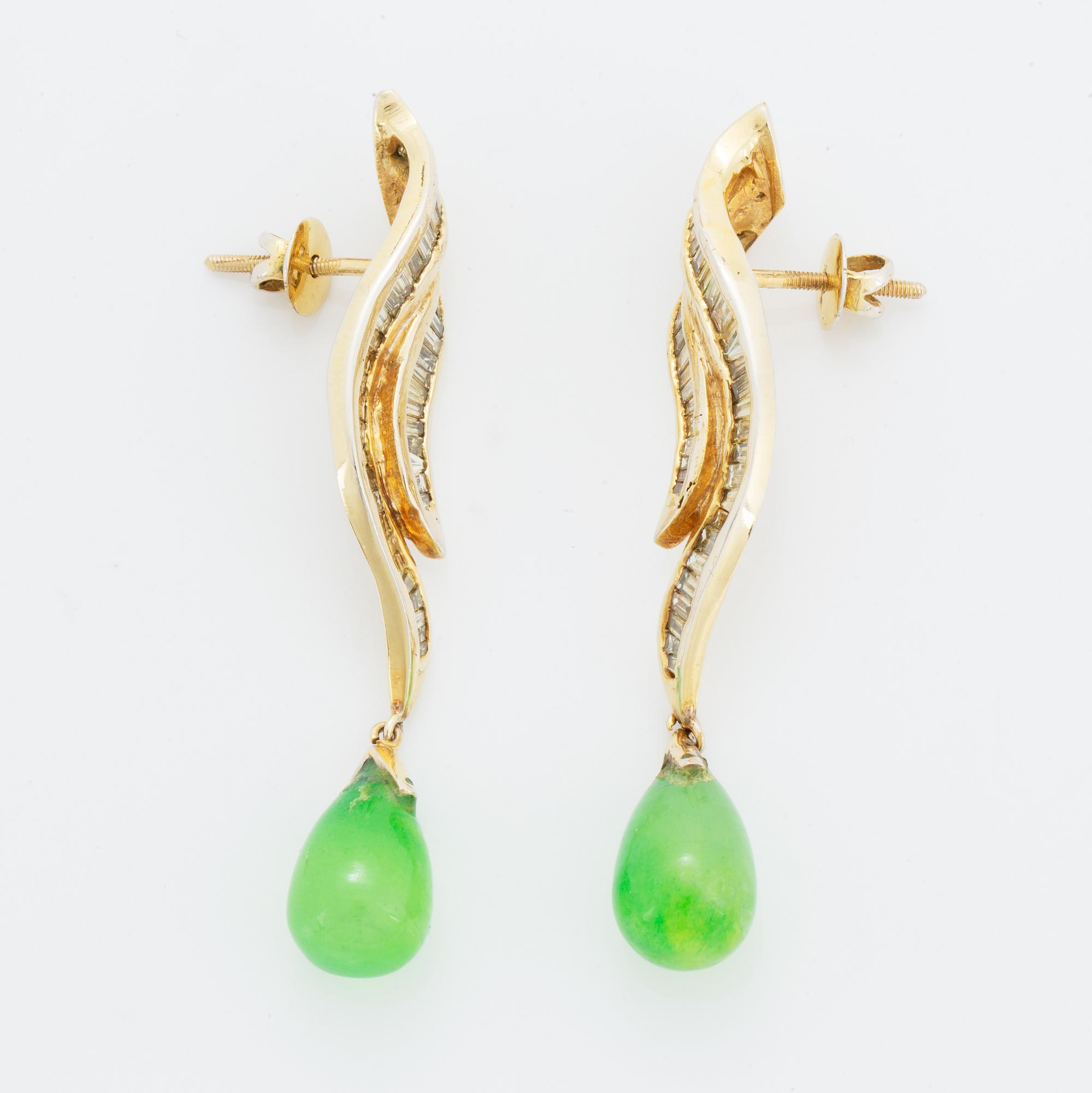 Baguette cut diamond and green stone earrings.