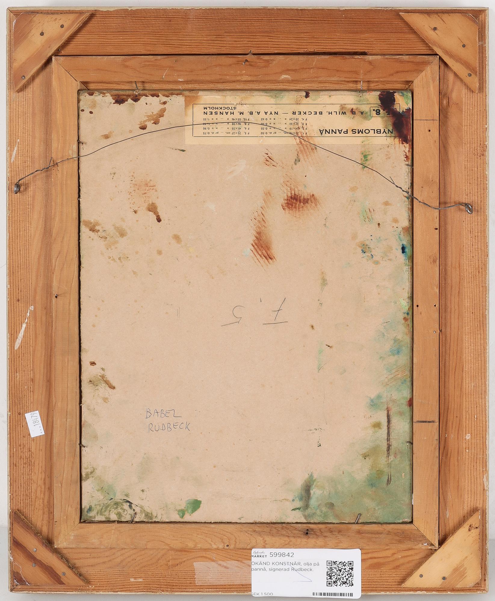 OKÄND KONSTNÄR, olja på pannå, signerad Rudbeck.