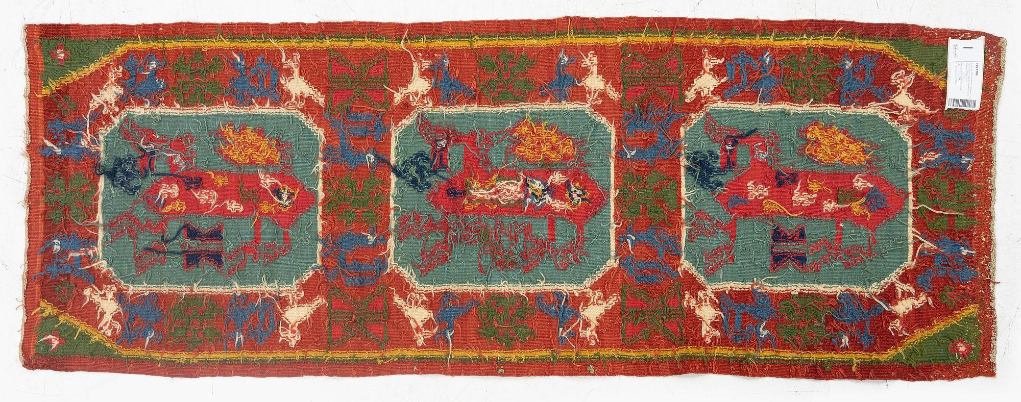 A double-interlocked tapestry carrige cushion, ca 108 x 51 cm, 'Bäckahästen', dated 1788.