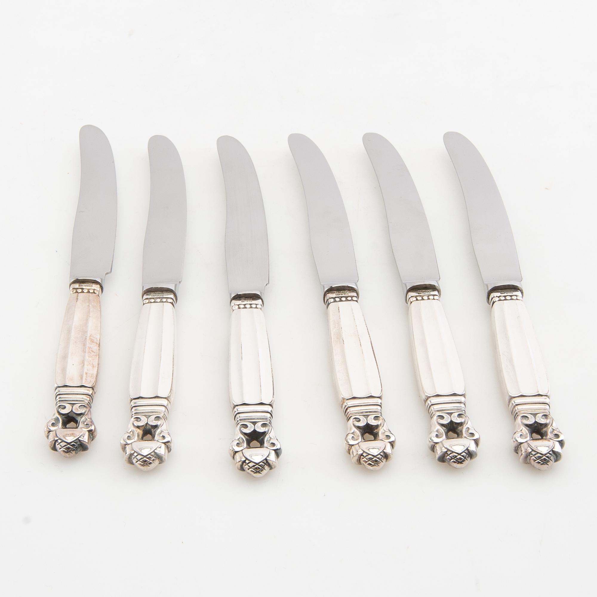 Johan Rohde, fruit knives 12 pcs "Konge/Achorn" sterling silver for Georg Jensen after 1945.