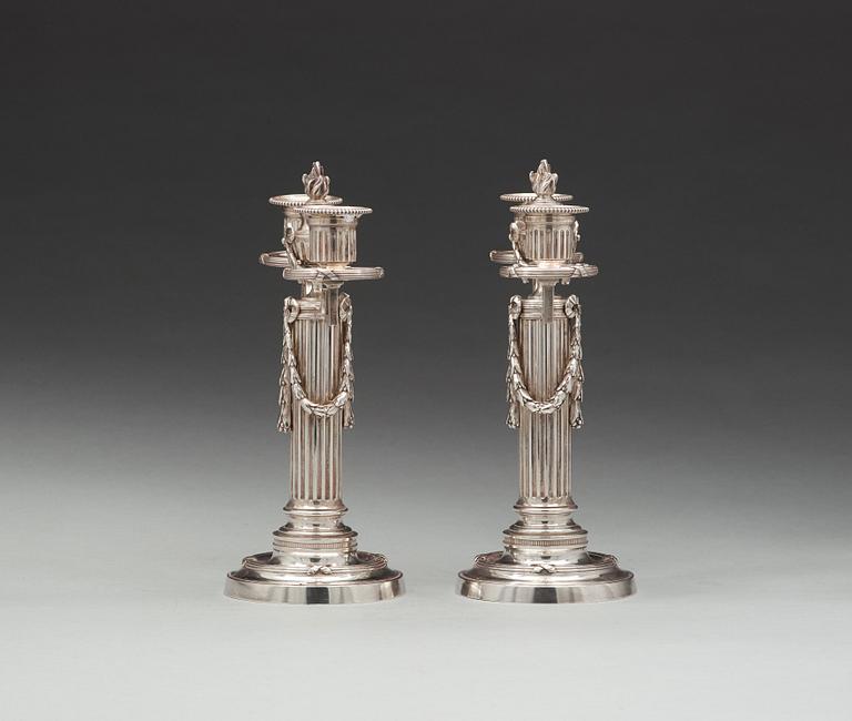 A pair of Fabergé, silver candelabra, workmaster Julius Rappoport, S.t Petersburg before 1899.