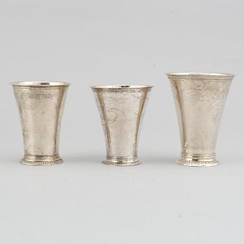 Three beakers, silver, 18th century, including Mattias Forswall, Uppsala 1775, and Johan Lorenz Starin, Stockholm, 1750.