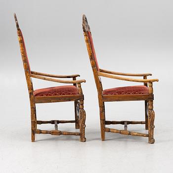 Armchairs, a pair, Baroque style 18th/19th century possibly with some earlier parts.