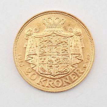 GULDMYNT, 20 kroner, Christian X, Danmark, 1913. Vikt ca 9 gram.