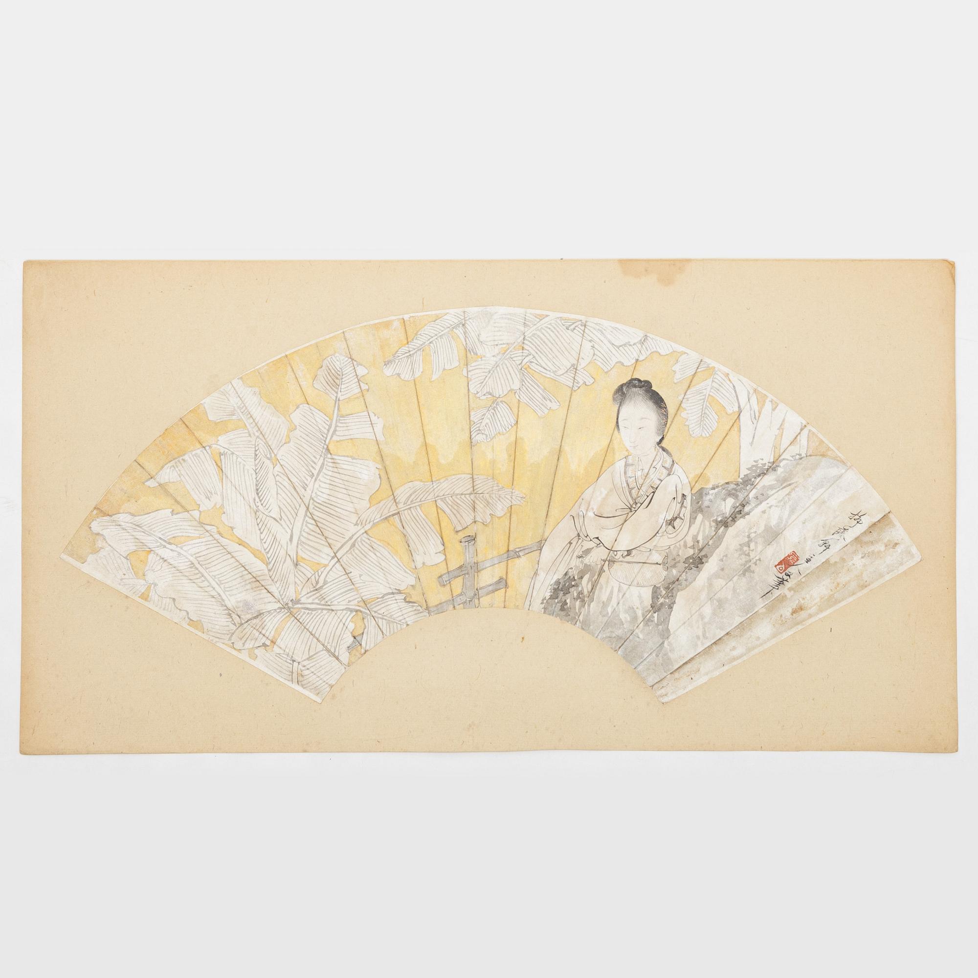 Unidentified artist, so-called "Fan painting", Elegant lady in a garden with banana trees, China, 20th century.