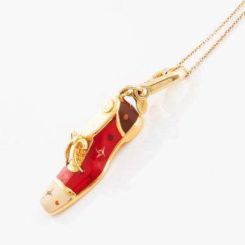 Gold and enamel shoe pendant, with gold chain.