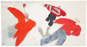 66. Birgit Broms, TAPESTRY. "Skridskoåkare". Tapestry variant with applications. 134 x 250,5 cm. Signed HAV LH B Broms.