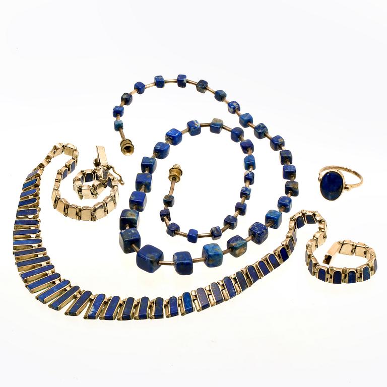 Lapis lazuli and sodalite jewellery, 1 ring and 2 necklaces, silver and White metal.