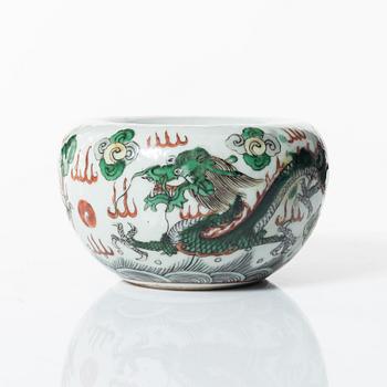 A Chinese famille verte porcelain brush washer, Kangxi style, 20th century.