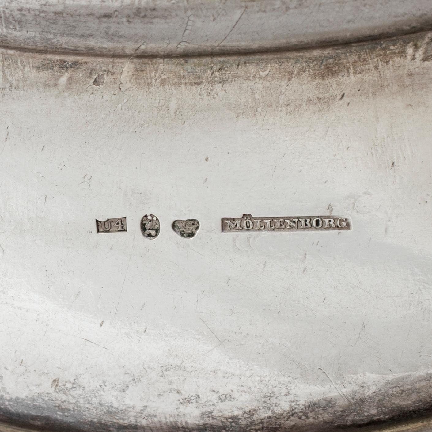 A Swedish silver dish with the family crest of Åkerhielm by Gustaf Möllenborg in Stockholm 1850.