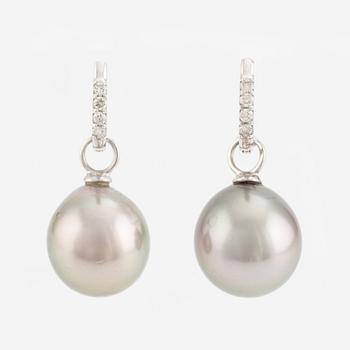 A pair of 18K gold earrings with cultured Tahitian pearls and round brilliant-cut diamonds.