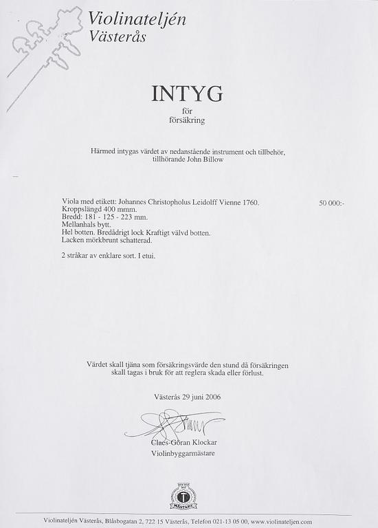 VIOLIN, tillskriven Johannes Chistophorus Leidolff, etikettmärkt och dat Wien 1760?.
