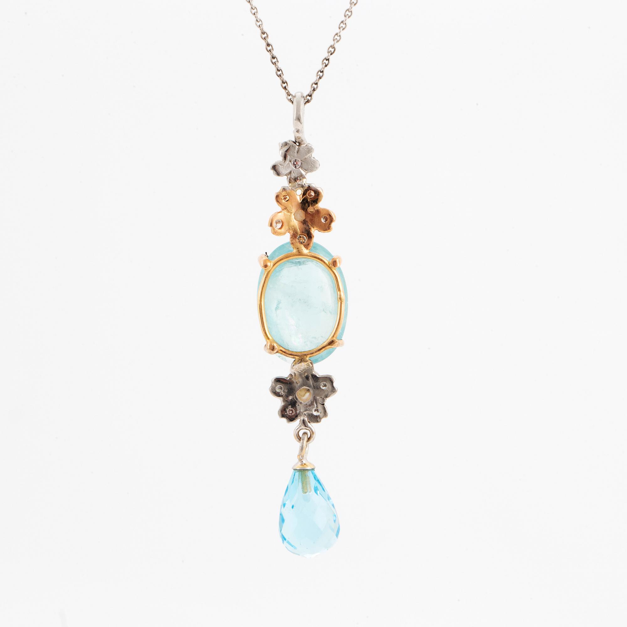 Cabochon-cut aquamarine, briolette-cut topaz, pearl and diamond necklace.