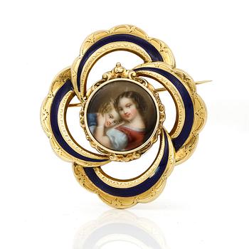 BROSCH med MINIATYR, 18K guld med blå emalj och porslin medaljong, Gustav Möllenborg, Stockholm, 1852. Vikt ca 23,22 g.