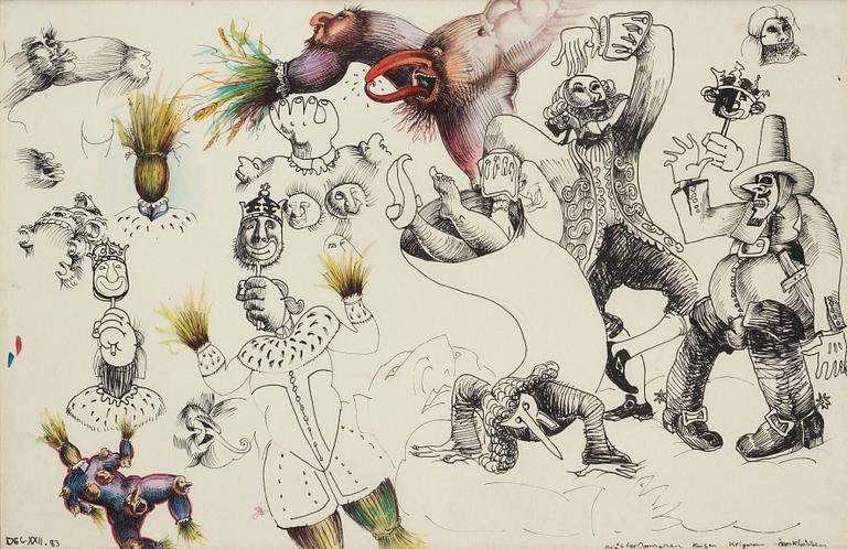 Ulf Rahmberg, mixed media on paper, dated dec XXII -83. On verso signed with monogram.