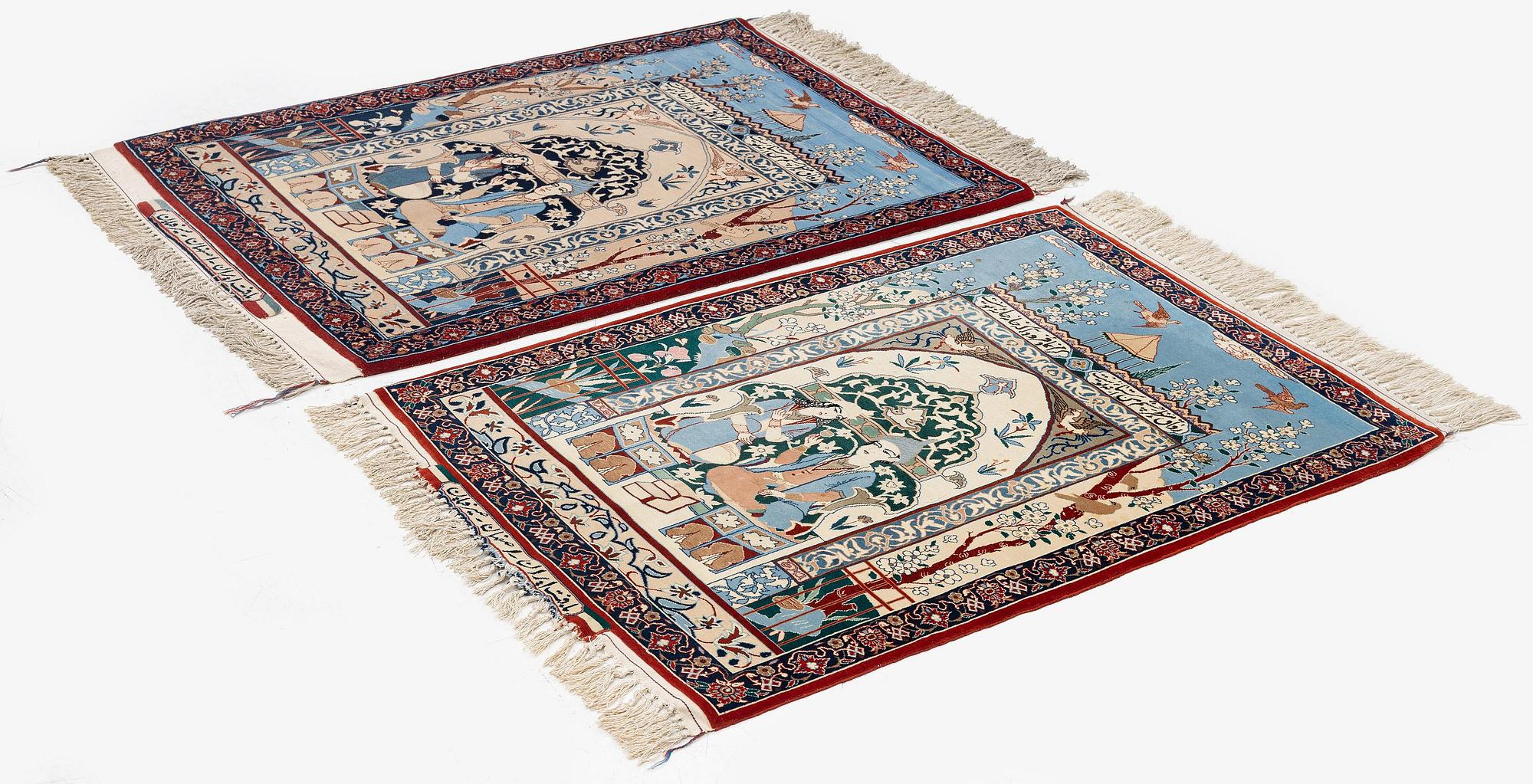Mattor, ett par, figurala, Isfahan, centrala Persien, signerade (Mohammad) Seirafian, ca 120 x 77 resp 114 x 74 cm.