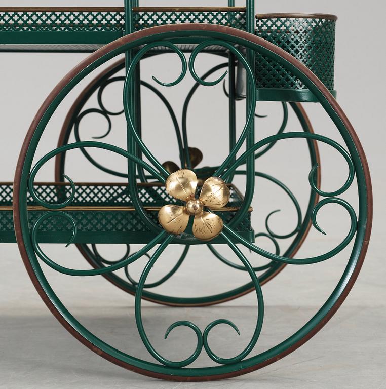 A 1940's-50's, green lacquered metal and brass serving trolley, 1940's-50's.