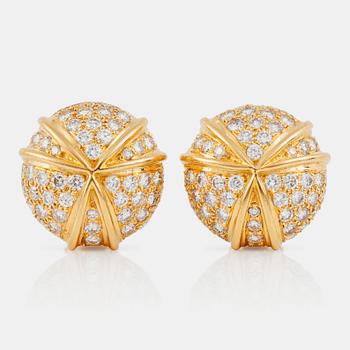 A pair of brilliant-cut diamond earrings. Diamond total carat weight circa 3.50 cts.  Signed Harry Winston.