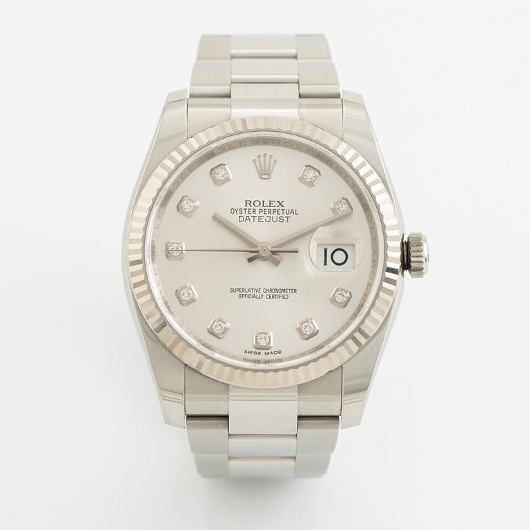 Rolex, Oyster Perpetual, "Silver Diamond Dial", Datejust, wristwatch, 36 mm.