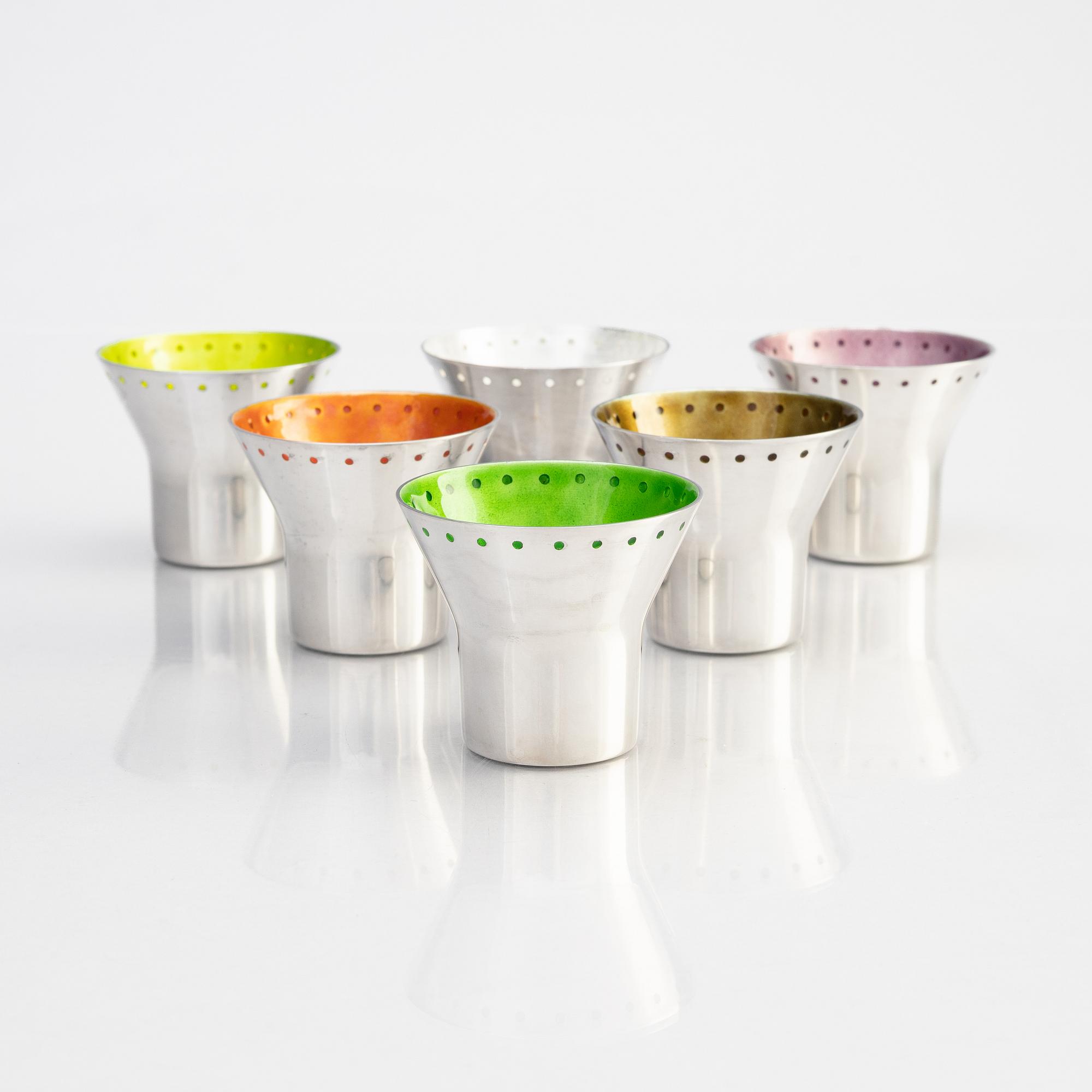 Six sterling silver and enamel beakers, design and enamelling by Barbro Littmarck, W.A. Bolin, Stockholm 1956-62.