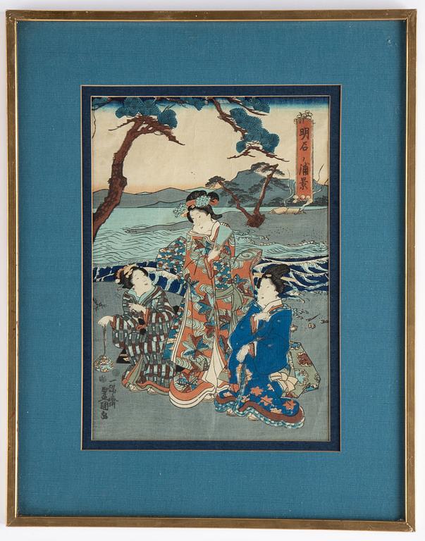 Eizan Kikugawa, efter, samt Utagawa Kunisada, färgträsnitt, 2 st. Japan, 1800-tal.