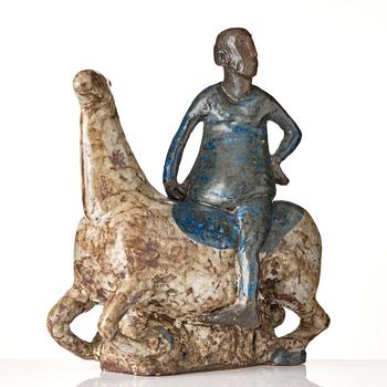 Åke Holm, a stoneware sculpture of a man on a horse, Höganäs, Sweden 1950's.