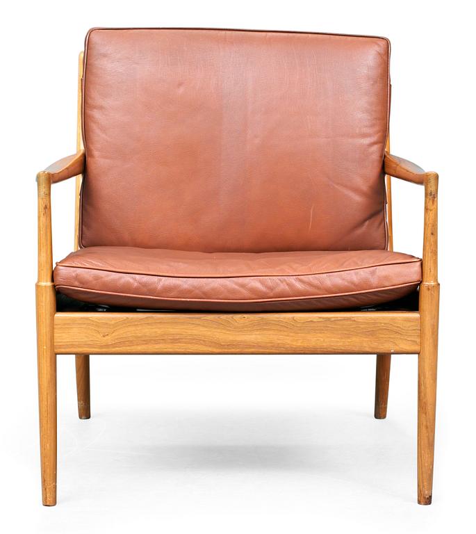 An Ib Kofoed Larsen "Samsö" teak and brown leather easy chair, OPE möbler, Sweden.
