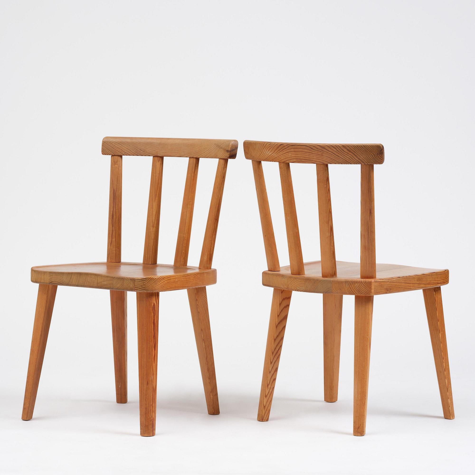 Axel Einar Hjorth, a set of six stained pine "Utö" chairs, Nordiska Kompaniet, Sweden, 1930s.