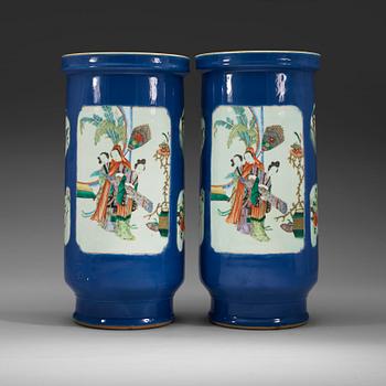 333. A pair of famille verte and powder blue vases/umbrella stands, Qing dynasty, circa 1900.