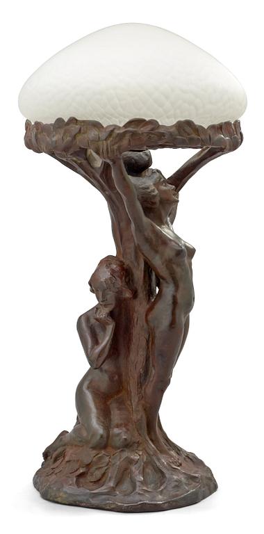 An Alice Nordin Art Nouveau patinated bronze table lamp, Herman Bergman, Stockholm.