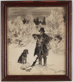 Bruno Liljefors, Winter scene with hunter.